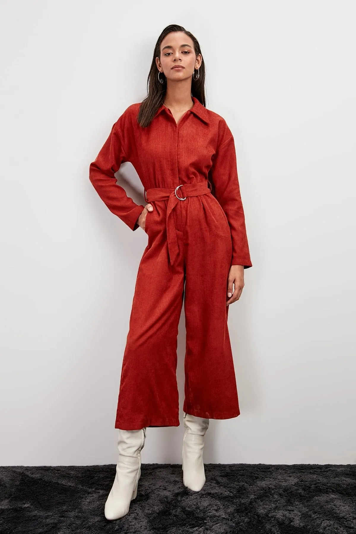 16117 Cinnamon Red Corduroy Jumpsuit