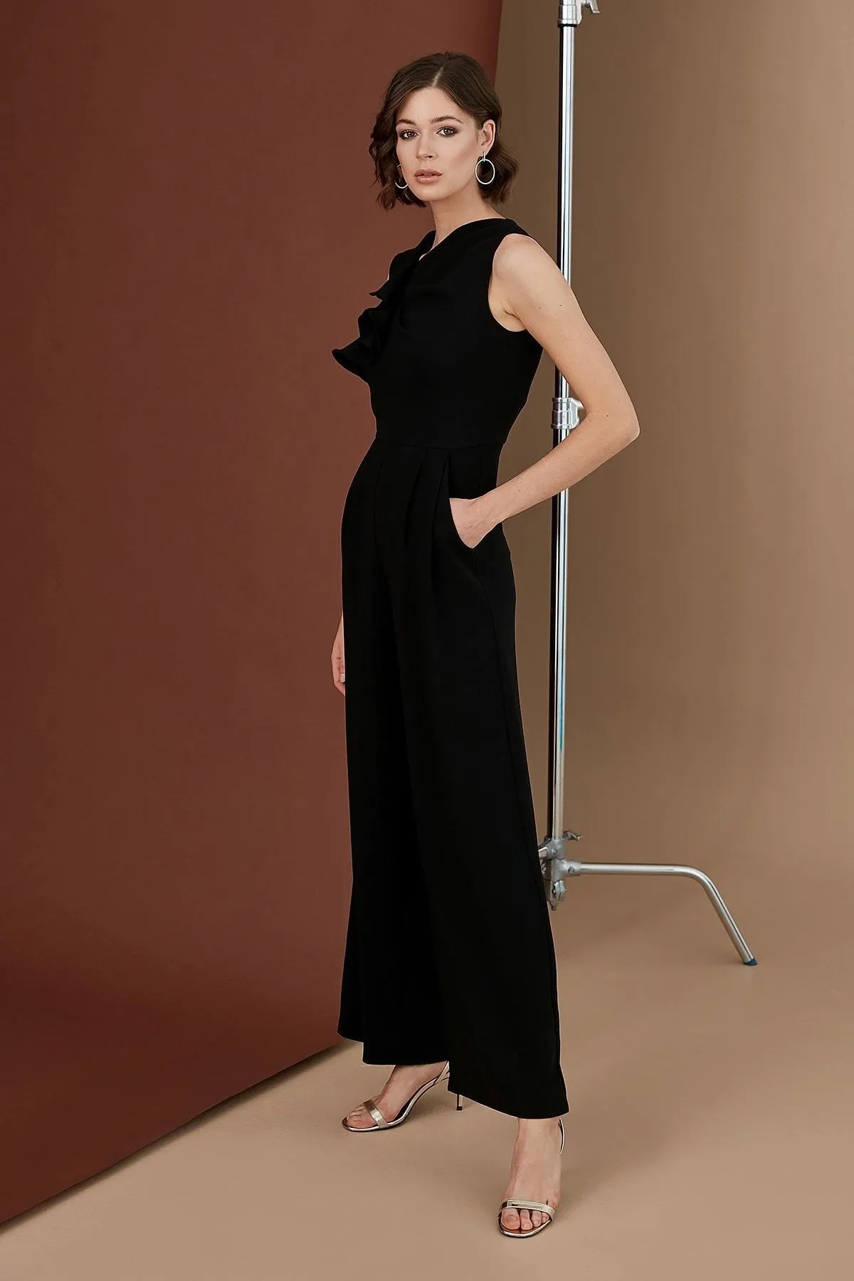 16148 Black Ruffle Detail Jumpsuit