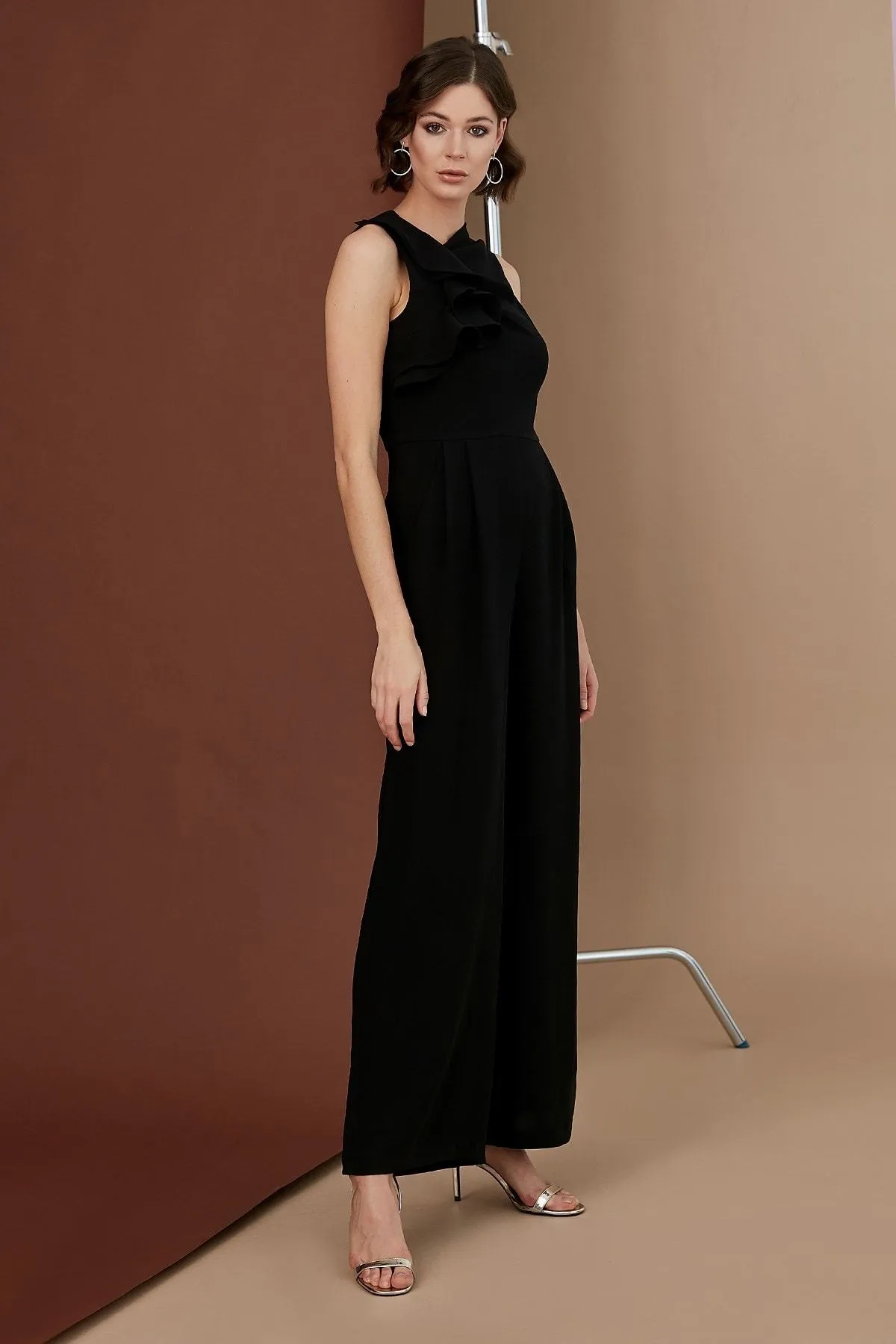 16148 Black Ruffle Detail Jumpsuit