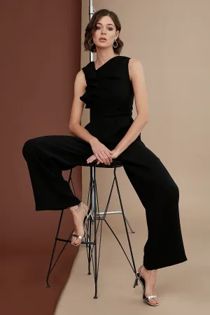16148 Black Ruffle Detail Jumpsuit