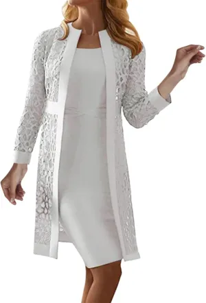 2 Pieces Mother of The Bride Dresses for Wedding with Jacket Knee Length Lace Applique Wedding Guest Dresses for Women
