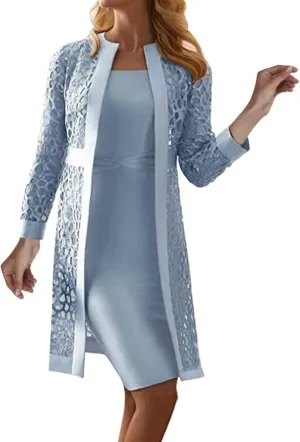 2 Pieces Mother of The Bride Dresses for Wedding with Jacket Knee Length Lace Applique Wedding Guest Dresses for Women