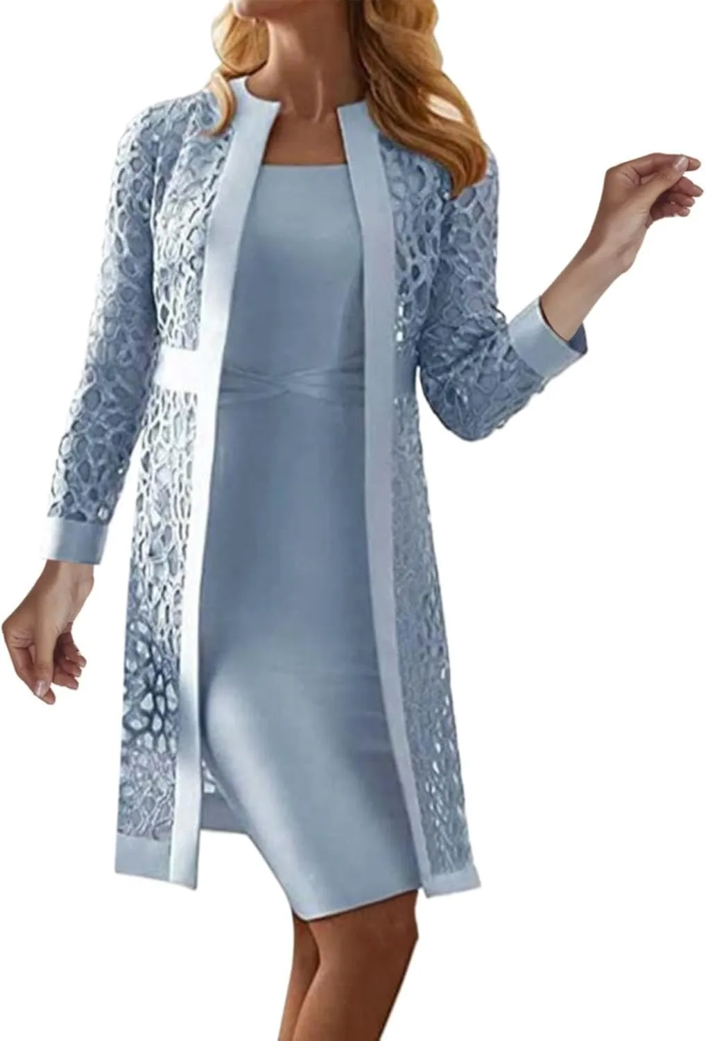 2 Pieces Mother of The Bride Dresses for Wedding with Jacket Knee Length Lace Applique Wedding Guest Dresses for Women