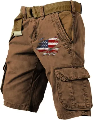 2025 Mens Cargo Shorts Vintage Tactical Shorts USA Flag Printed Outfit with Pockets Hiking Baggy Fishing Bermudas
