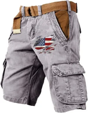 2025 Mens Cargo Shorts Vintage Tactical Shorts USA Flag Printed Outfit with Pockets Hiking Baggy Fishing Bermudas