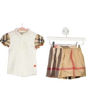 Burberry Beige Polo Shirt With Puff Checked Sleeves And Checked Cotton Skirt 6 Years