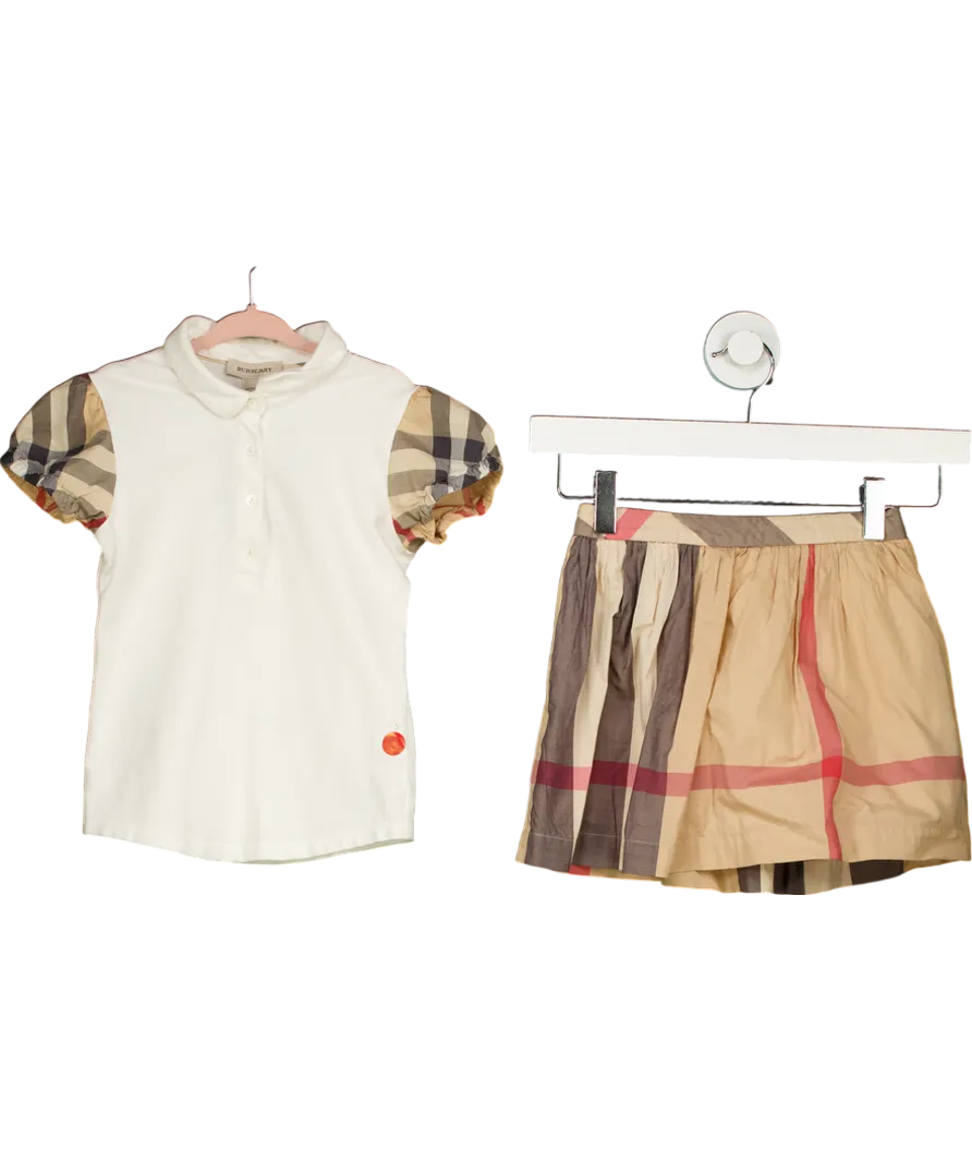Burberry Beige Polo Shirt With Puff Checked Sleeves And Checked Cotton Skirt 6 Years