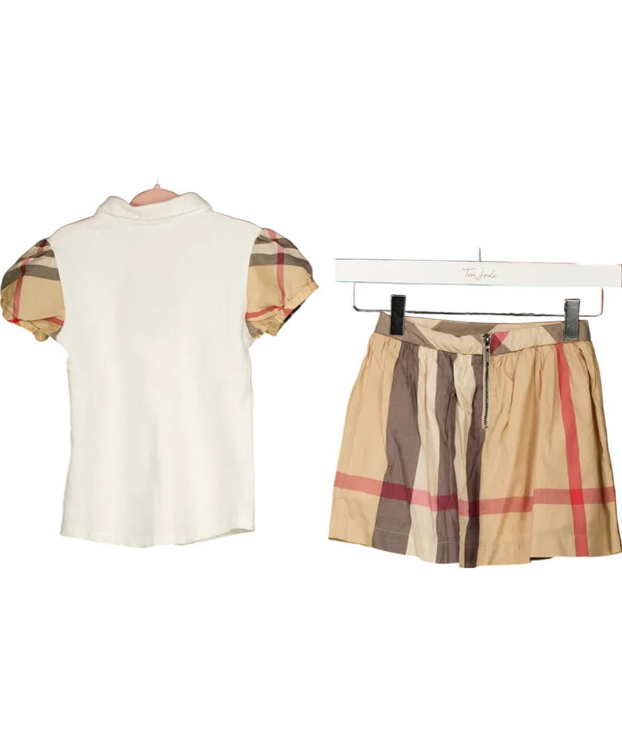 Burberry Beige Polo Shirt With Puff Checked Sleeves And Checked Cotton Skirt 6 Years