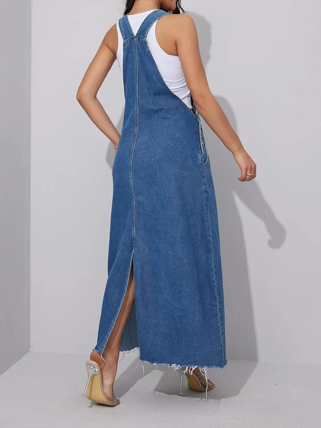 chouyatou Women's Adjustable Strap Denim Bib Overall Dress A-Line Pinafore Maxi Long Jean Dress
