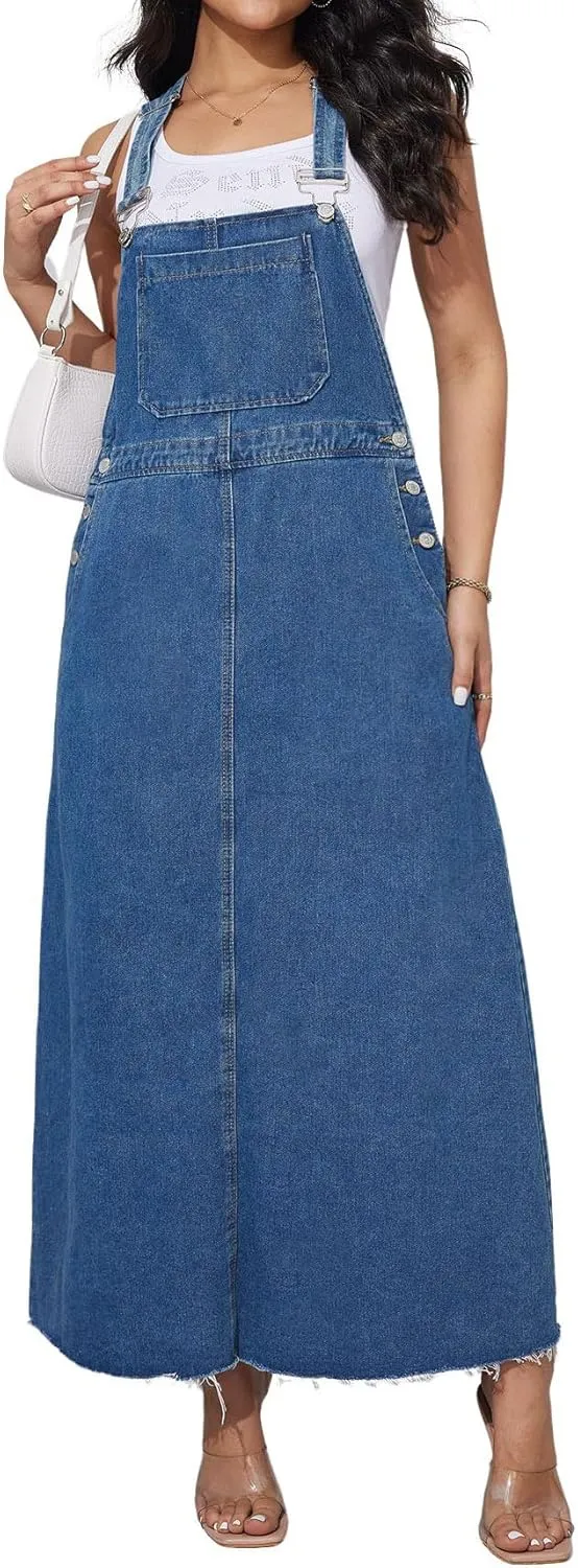 chouyatou Women's Adjustable Strap Denim Bib Overall Dress A-Line Pinafore Maxi Long Jean Dress