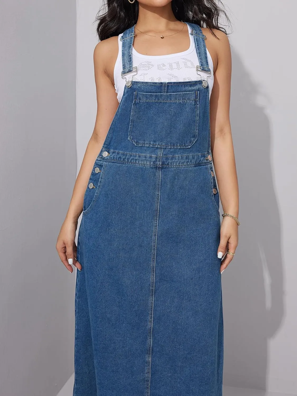 chouyatou Women's Adjustable Strap Denim Bib Overall Dress A-Line Pinafore Maxi Long Jean Dress