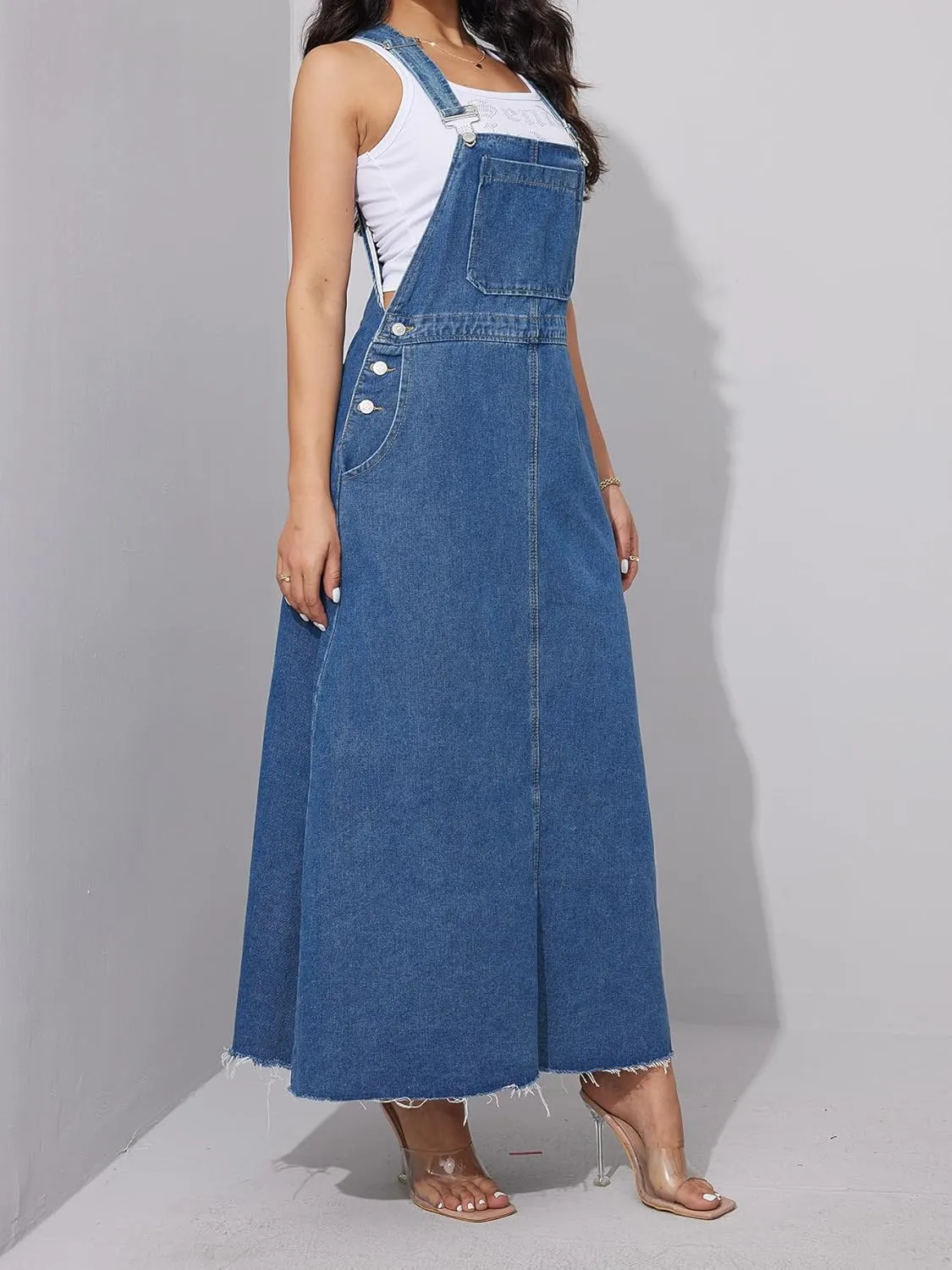 chouyatou Women's Adjustable Strap Denim Bib Overall Dress A-Line Pinafore Maxi Long Jean Dress