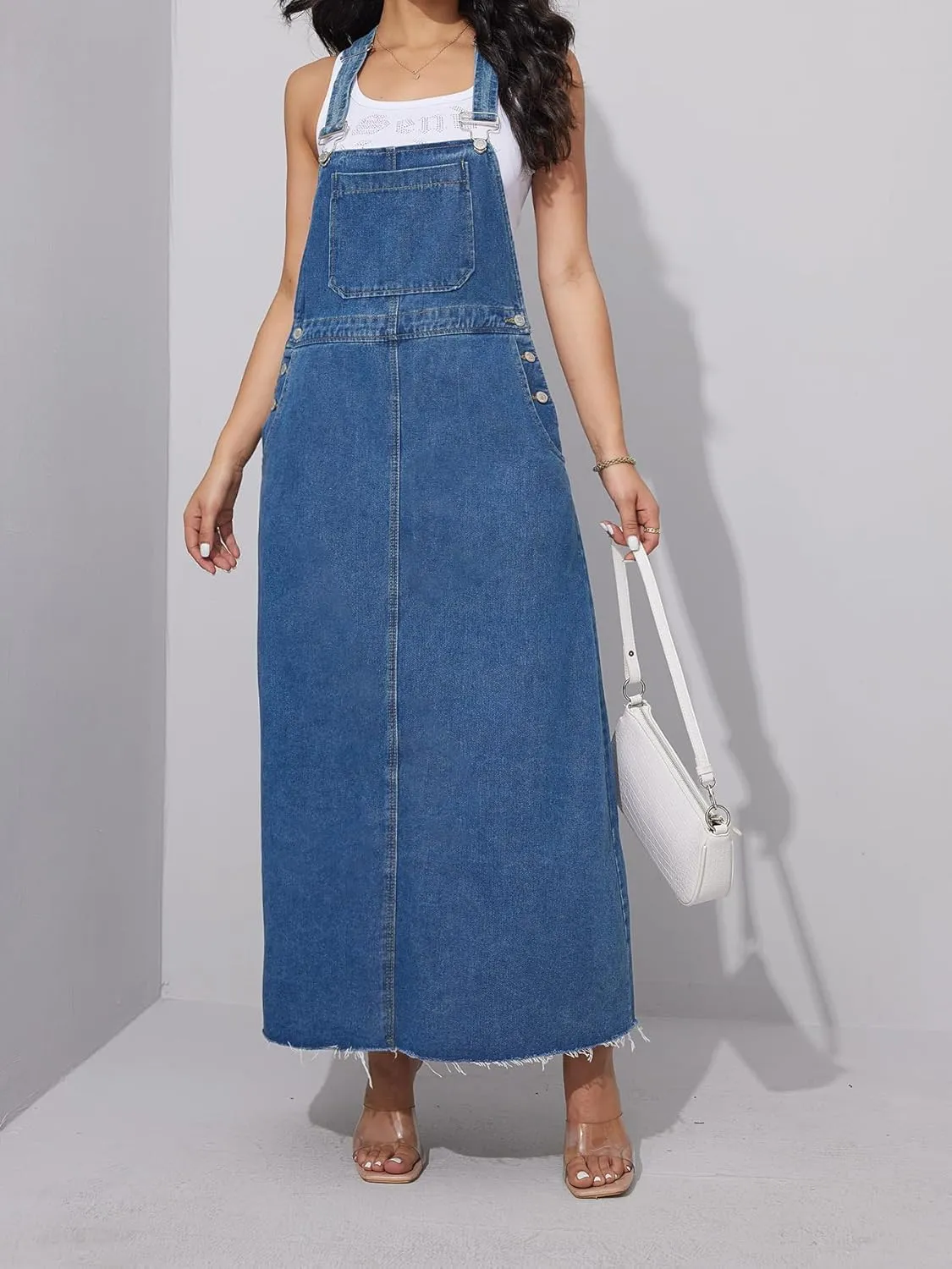 chouyatou Women's Adjustable Strap Denim Bib Overall Dress A-Line Pinafore Maxi Long Jean Dress