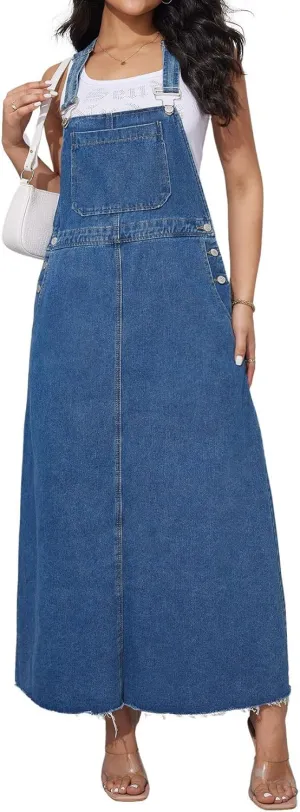 chouyatou Women's Adjustable Strap Denim Bib Overall Dress A-Line Pinafore Maxi Long Jean Dress