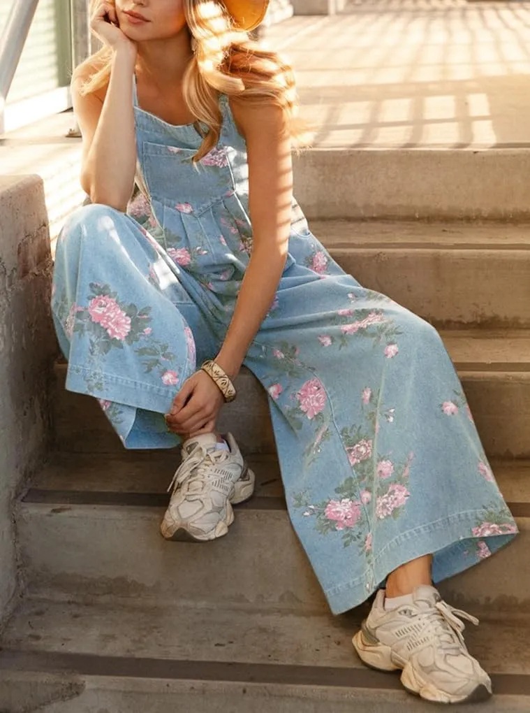 chouyatou Women's Summer Boho Floral Denim Bib Overalls Adjustable Strap Wide Leg Jumpsuits Jeans with Pockets