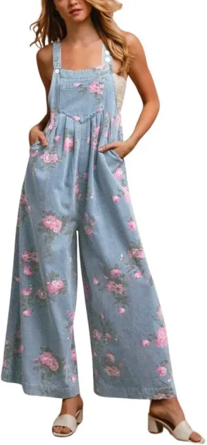 chouyatou Women's Summer Boho Floral Denim Bib Overalls Adjustable Strap Wide Leg Jumpsuits Jeans with Pockets