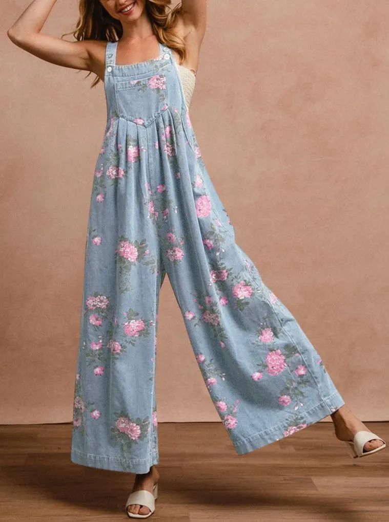 chouyatou Women's Summer Boho Floral Denim Bib Overalls Adjustable Strap Wide Leg Jumpsuits Jeans with Pockets