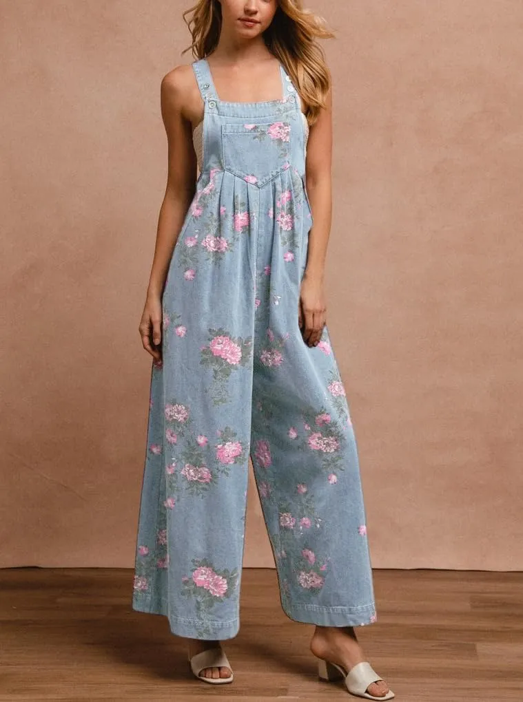 chouyatou Women's Summer Boho Floral Denim Bib Overalls Adjustable Strap Wide Leg Jumpsuits Jeans with Pockets