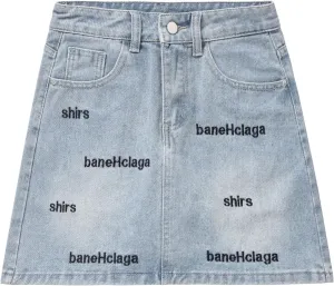Denim midi Skirt Jean Denim Hip Skirt Women's High Waist Fashion Text Embroidery Denim Skirt with Lined Casual Summer