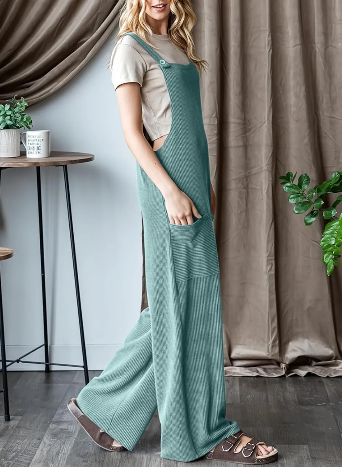 Dokotoo Women's Casual Jumpsuits Ribbed Front Pocket Loose Overalls One Piece Sleeveless Wide Leg Long Pant Rompers