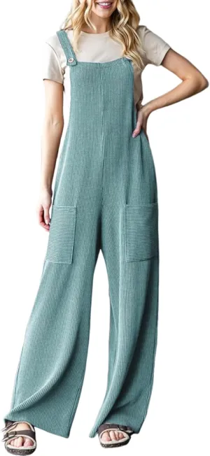 Dokotoo Women's Casual Jumpsuits Ribbed Front Pocket Loose Overalls One Piece Sleeveless Wide Leg Long Pant Rompers