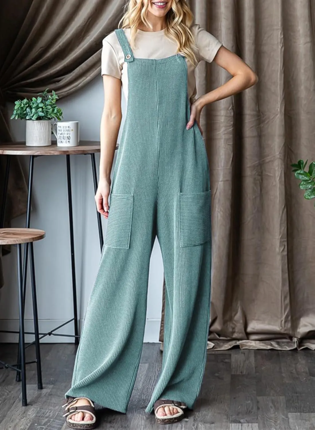 Dokotoo Women's Casual Jumpsuits Ribbed Front Pocket Loose Overalls One Piece Sleeveless Wide Leg Long Pant Rompers