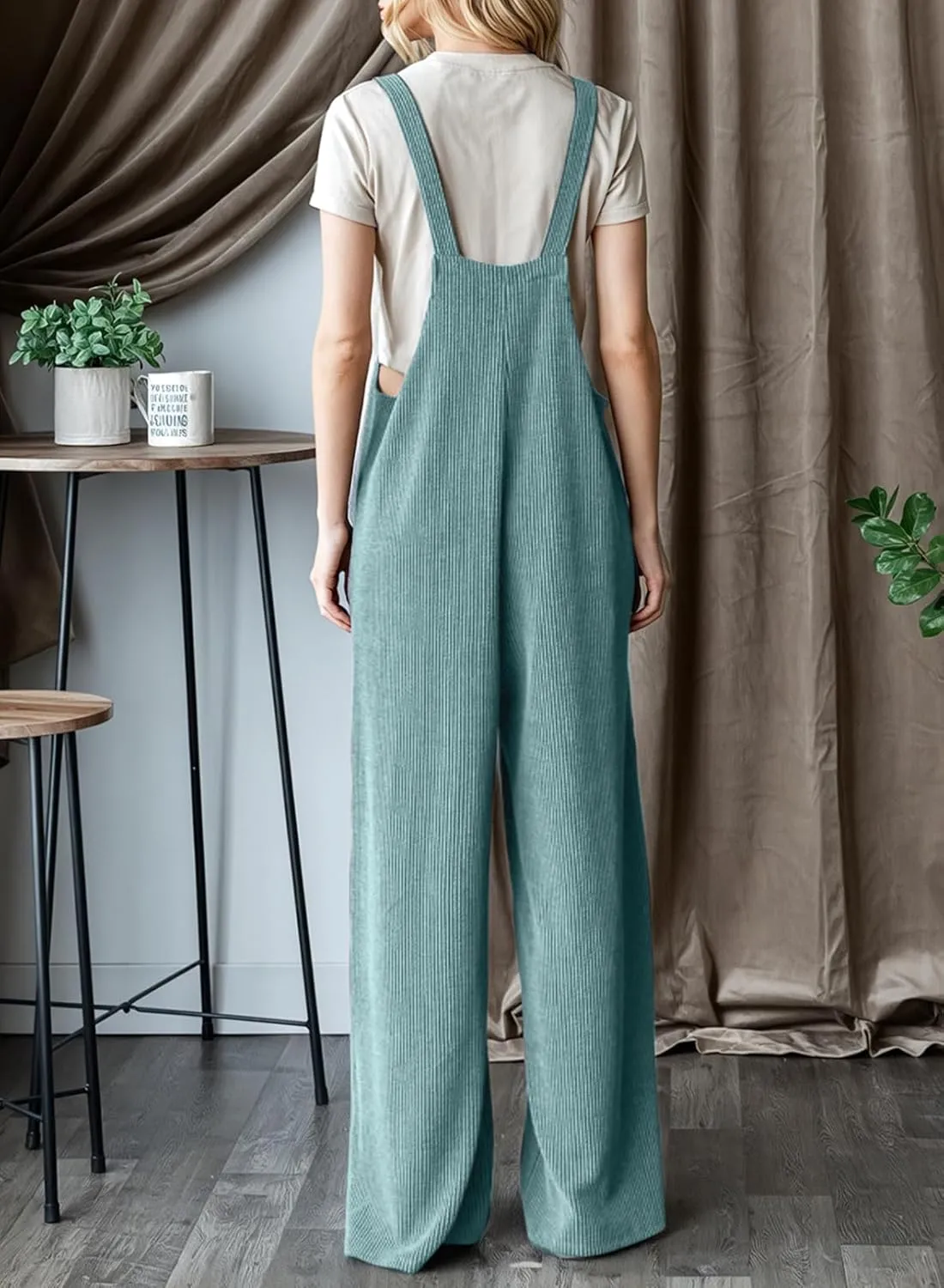 Dokotoo Women's Casual Jumpsuits Ribbed Front Pocket Loose Overalls One Piece Sleeveless Wide Leg Long Pant Rompers