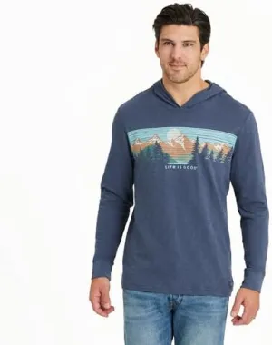 Life is Good. Men's Landscape Mountain Hooded Slub Tee, Darkest Blue, Medium