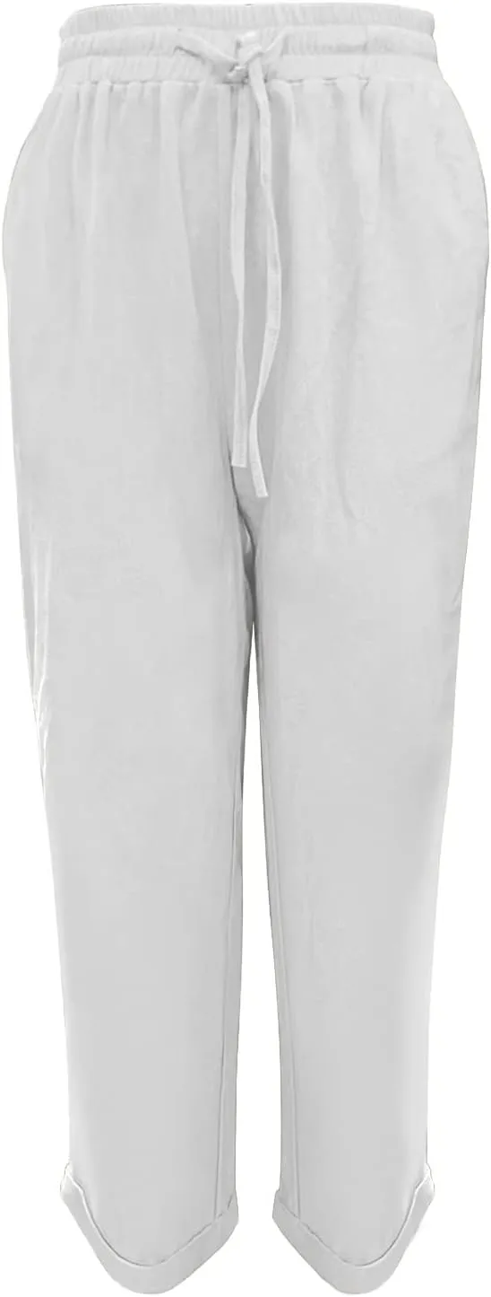 Linen Joggers for Women Tapered Ankle Pants Wide Leg Cargo Pants Drawstring Elastic Waist Casual Slacks with Pockets