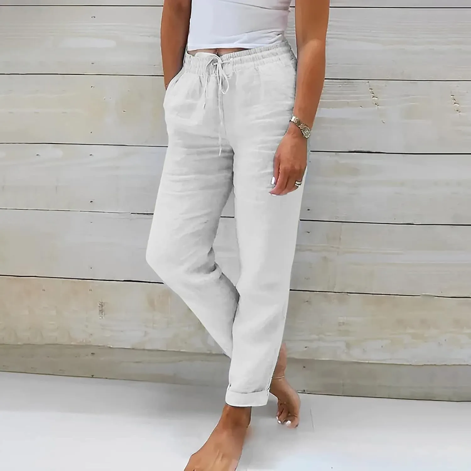 Linen Joggers for Women Tapered Ankle Pants Wide Leg Cargo Pants Drawstring Elastic Waist Casual Slacks with Pockets