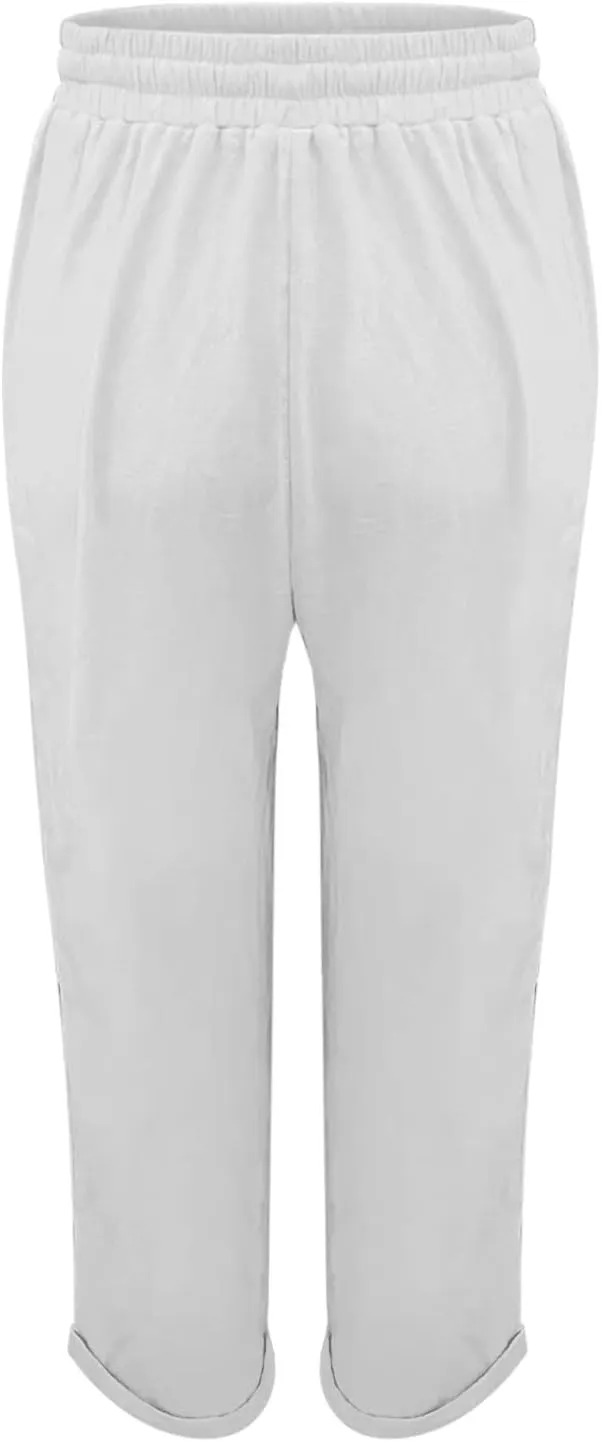 Linen Joggers for Women Tapered Ankle Pants Wide Leg Cargo Pants Drawstring Elastic Waist Casual Slacks with Pockets
