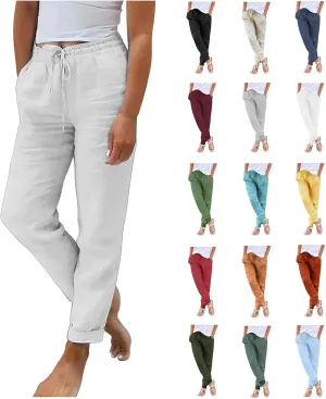 Linen Joggers for Women Tapered Ankle Pants Wide Leg Cargo Pants Drawstring Elastic Waist Casual Slacks with Pockets
