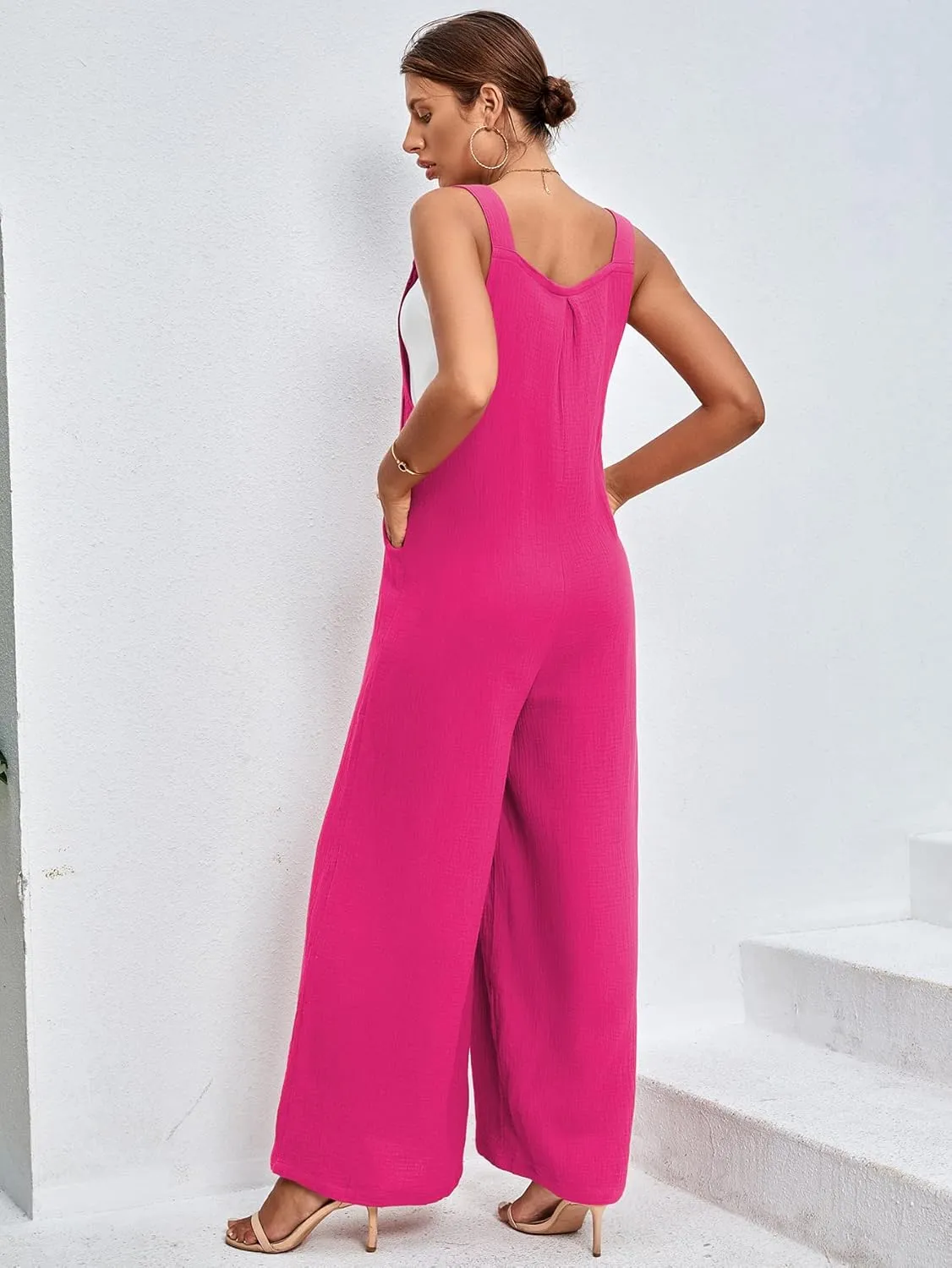 LYANER Women's Summer Baggy Wide Leg Cotton Linen Overalls Spaghtti Straps Jumpsuit with Pockets