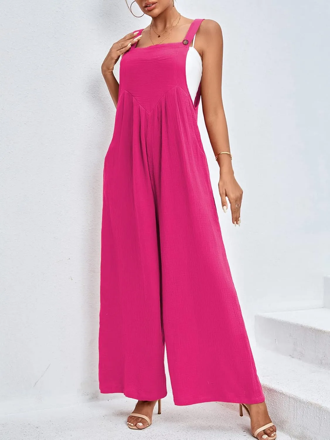LYANER Women's Summer Baggy Wide Leg Cotton Linen Overalls Spaghtti Straps Jumpsuit with Pockets