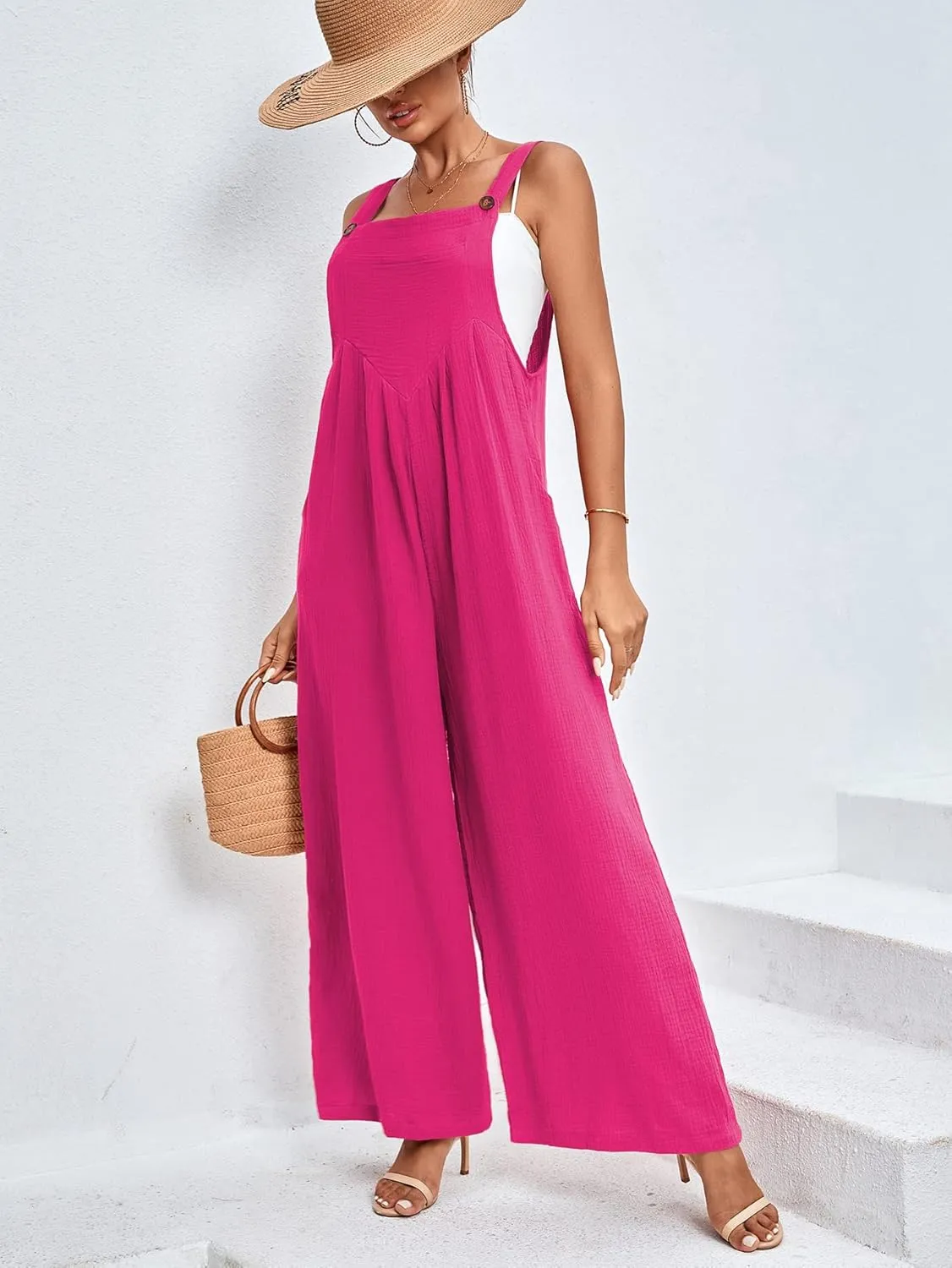 LYANER Women's Summer Baggy Wide Leg Cotton Linen Overalls Spaghtti Straps Jumpsuit with Pockets