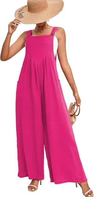 LYANER Women's Summer Baggy Wide Leg Cotton Linen Overalls Spaghtti Straps Jumpsuit with Pockets