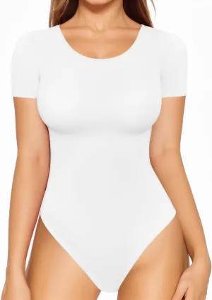 MANGOPOP Round Neck Short Sleeve Long Sleeve Bodysuits for Women Basic Body Suit Shirts Tops