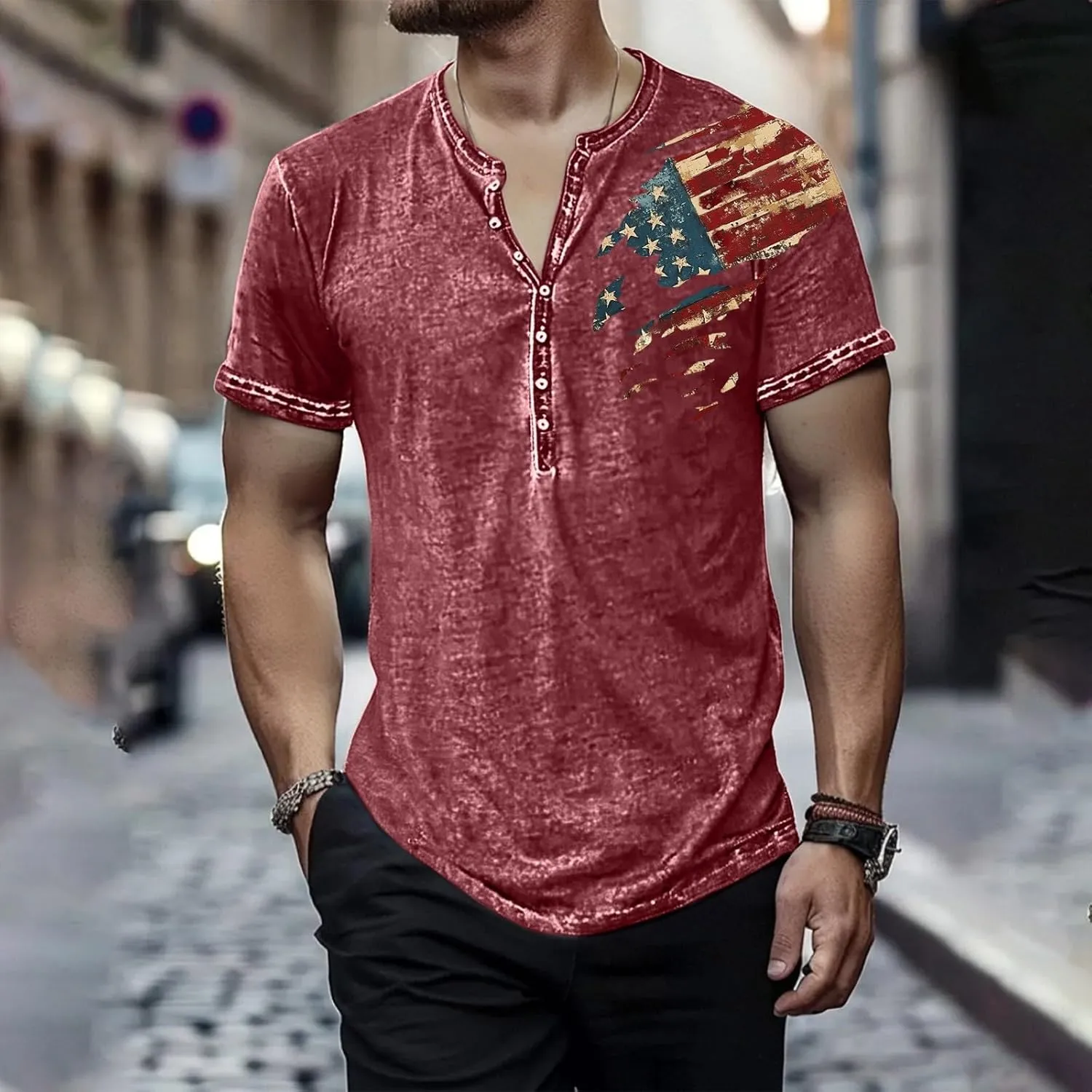 Mens Cotton Henley Shirts Short Sleeve Casual Muscle Gym Slim Fit T-Shirts Summer Button 4th of July Shirts Funny