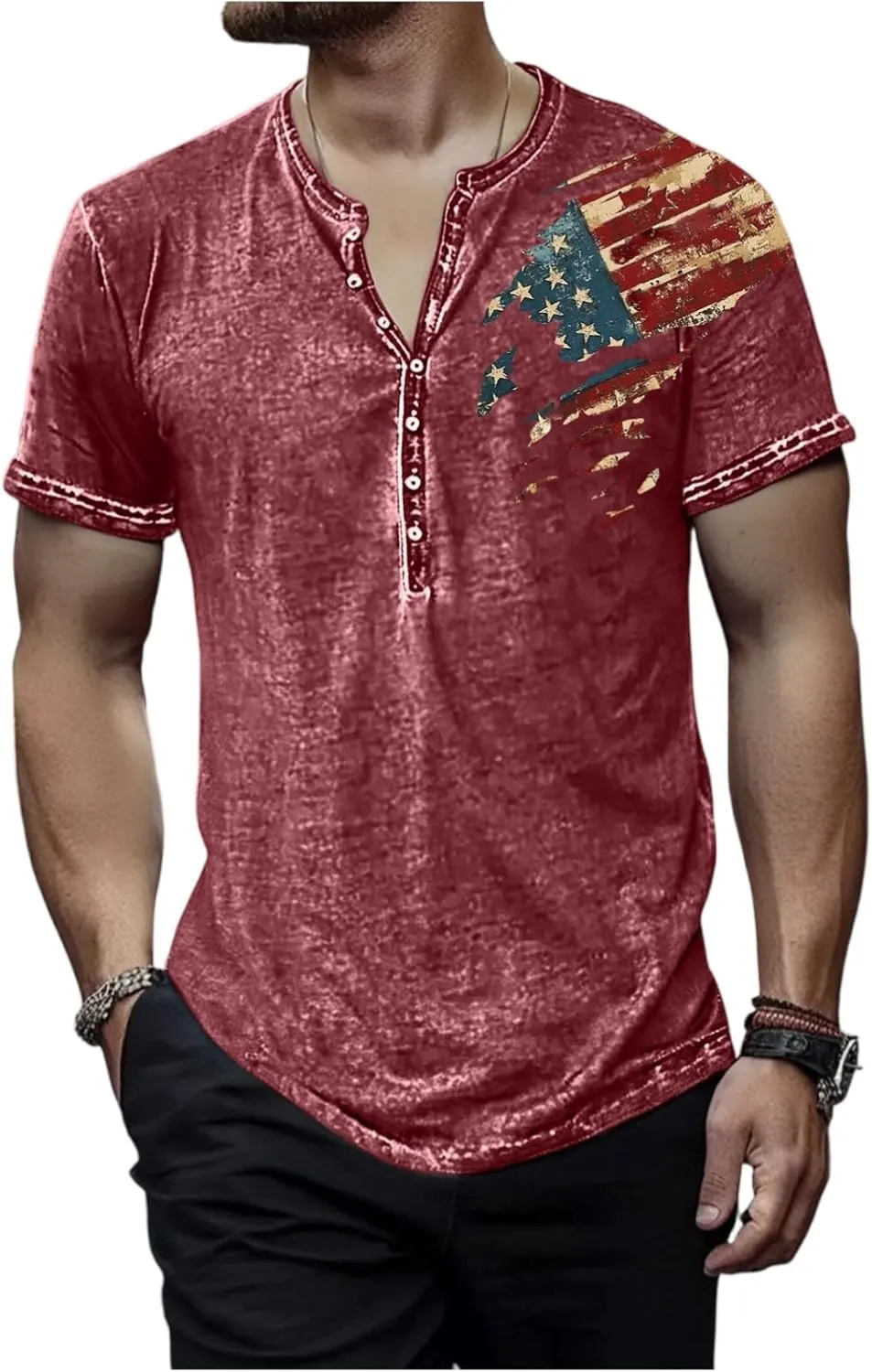 Mens Cotton Henley Shirts Short Sleeve Casual Muscle Gym Slim Fit T-Shirts Summer Button 4th of July Shirts Funny