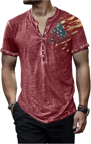Mens Cotton Henley Shirts Short Sleeve Casual Muscle Gym Slim Fit T-Shirts Summer Button 4th of July Shirts Funny