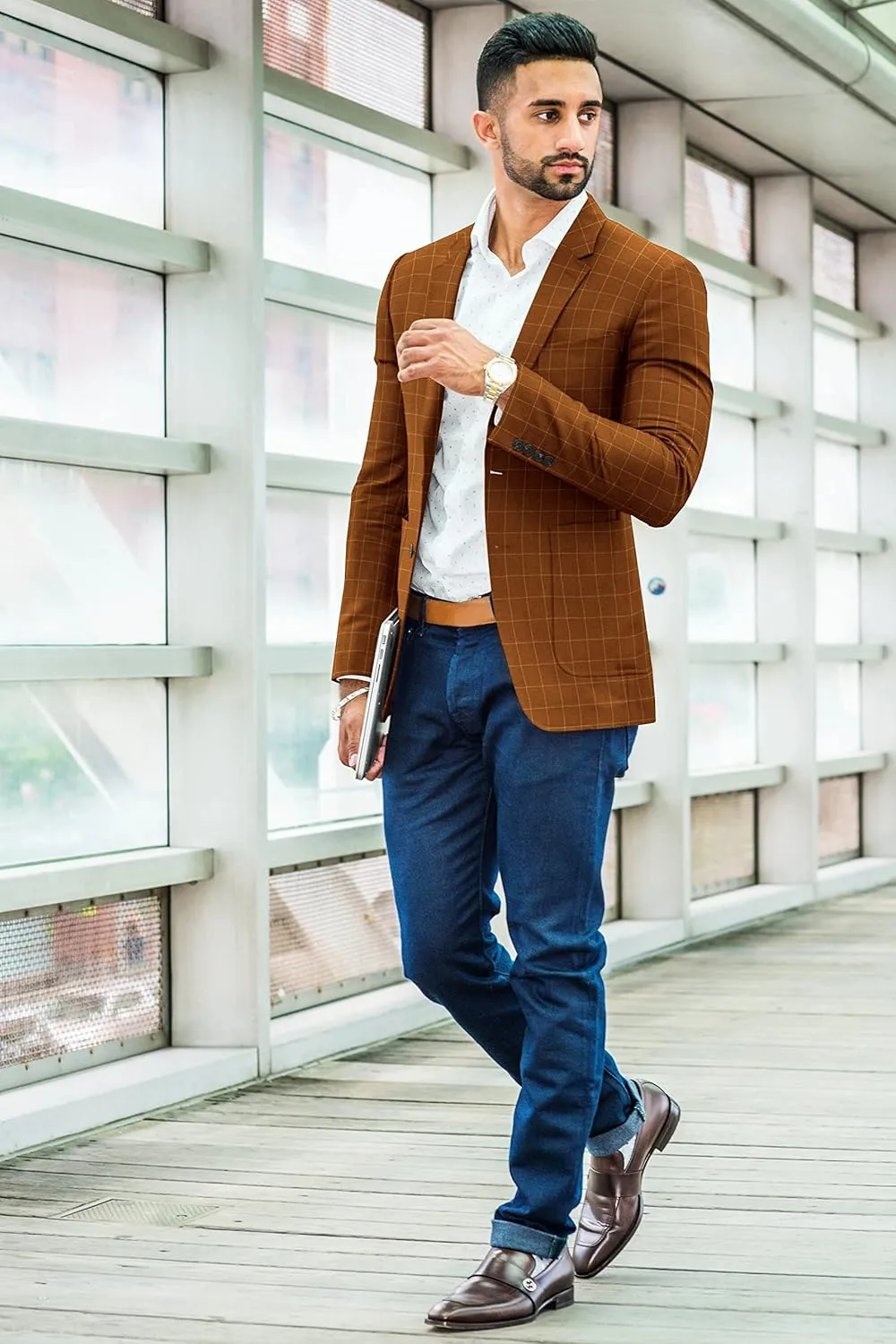 Men's Plaid Checked Cotton Blazer 2 Button Jacket Regular Long Sleeve Daily Fit Suit Business Lightweight Casual Sport Coat