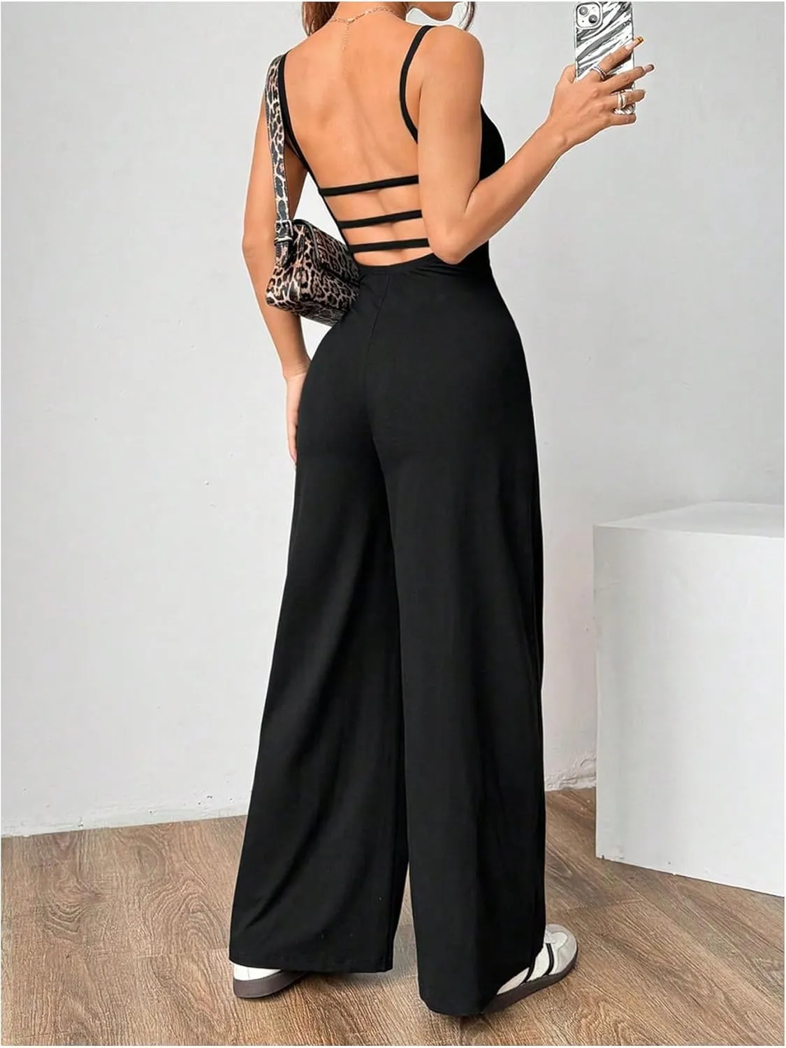 Milumia Women's Spaghetti Straps Backless Jumpsuit Wide Leg Long Pants Overalls