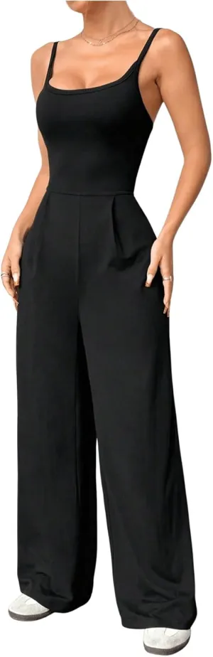 Milumia Women's Spaghetti Straps Backless Jumpsuit Wide Leg Long Pants Overalls