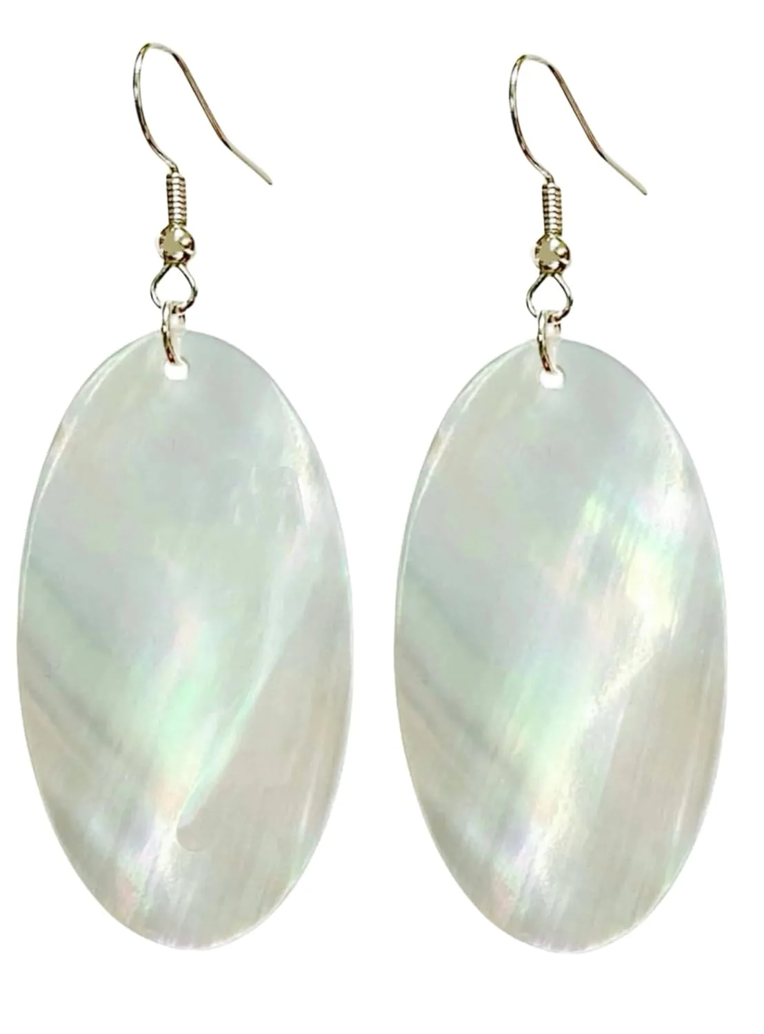 Natural White Sea Shell Earrings, Mother of Pearl Oval Earrings, Beach Jewelry, Silver Drop Dangle Earrings Women Girl Gift (White Seashell)