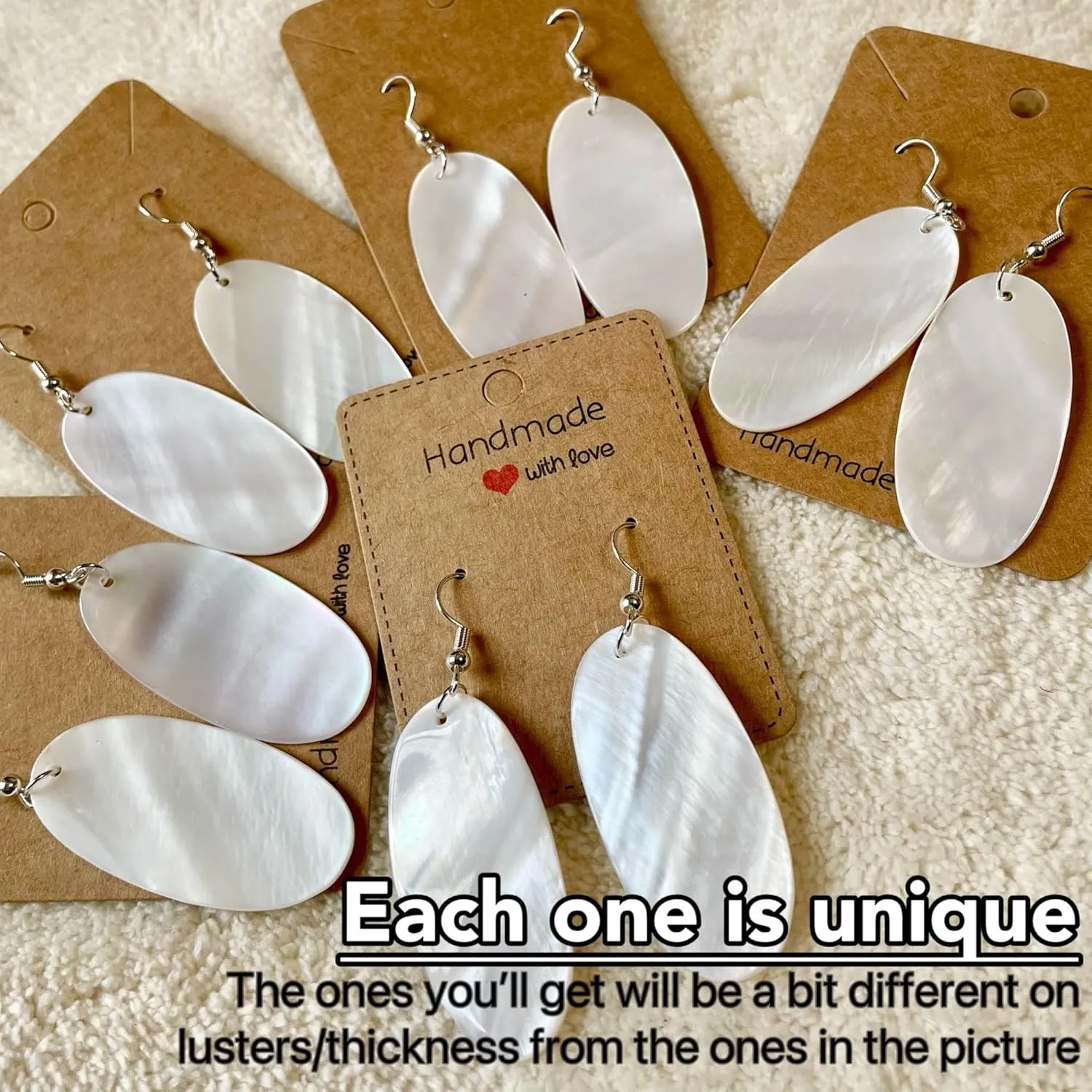 Natural White Sea Shell Earrings, Mother of Pearl Oval Earrings, Beach Jewelry, Silver Drop Dangle Earrings Women Girl Gift (White Seashell)