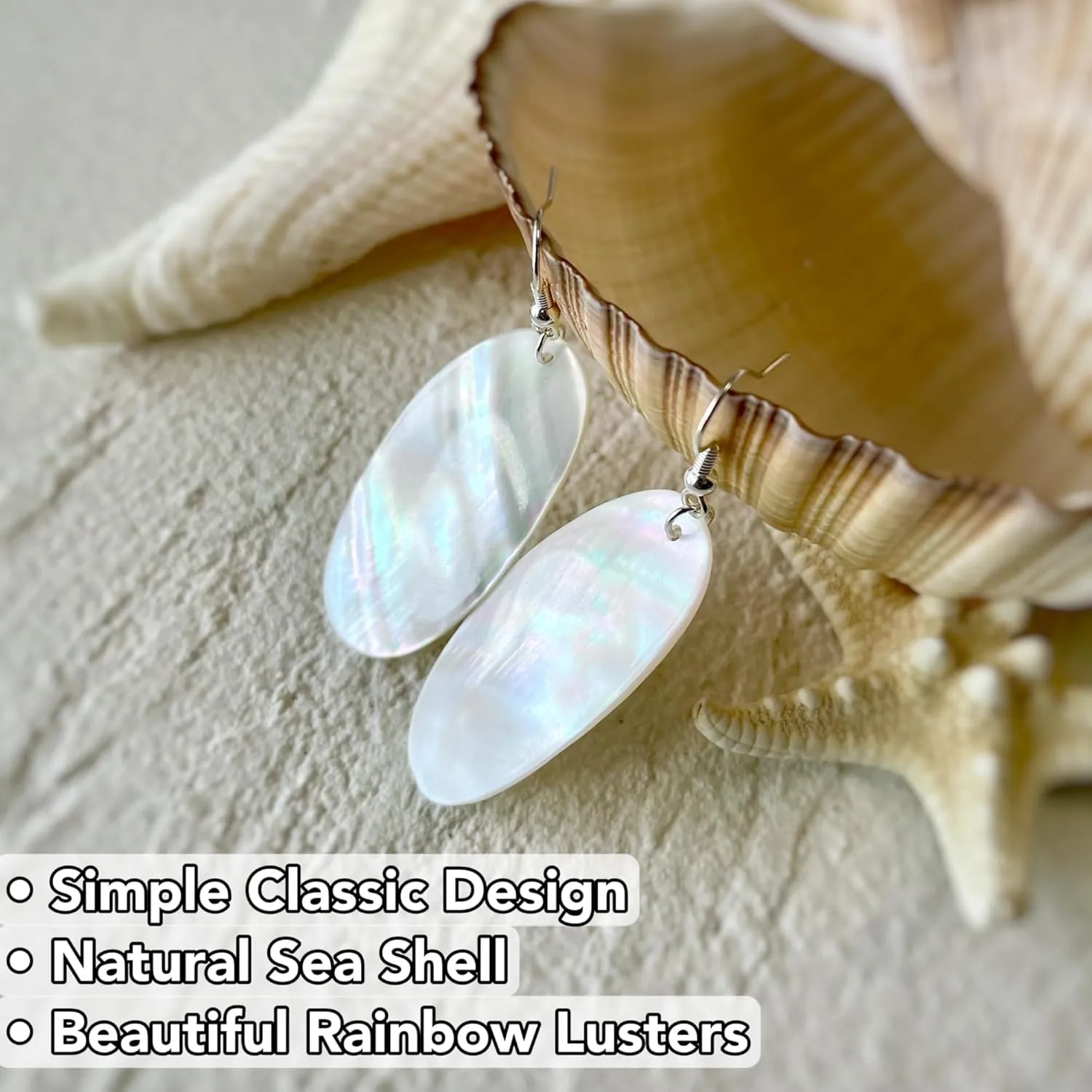 Natural White Sea Shell Earrings, Mother of Pearl Oval Earrings, Beach Jewelry, Silver Drop Dangle Earrings Women Girl Gift (White Seashell)
