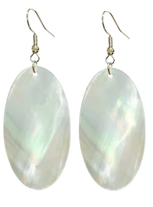 Natural White Sea Shell Earrings, Mother of Pearl Oval Earrings, Beach Jewelry, Silver Drop Dangle Earrings Women Girl Gift (White Seashell)
