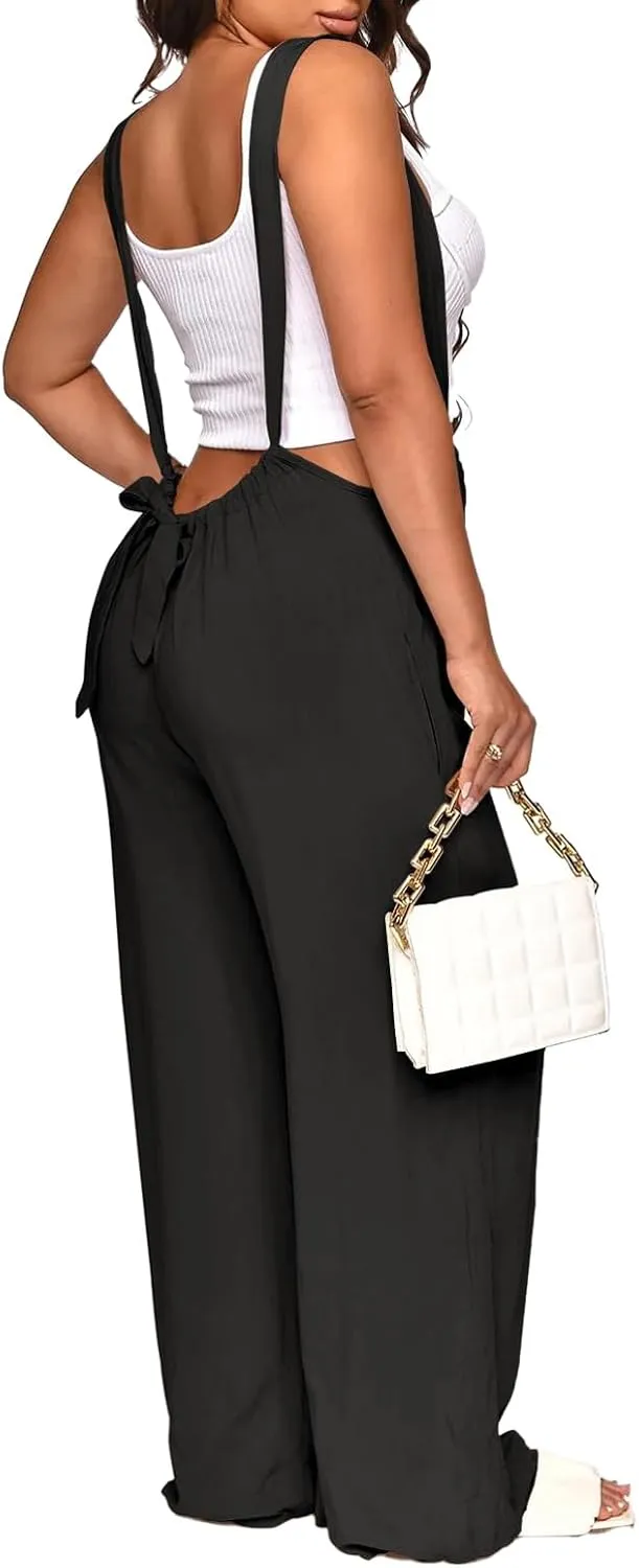 Nimsruc Womens Jumpsuit Casual Loose Sleeveless Adjustable Spaghetti Straps Wide Leg Pants Baggy Overalls With Pockets