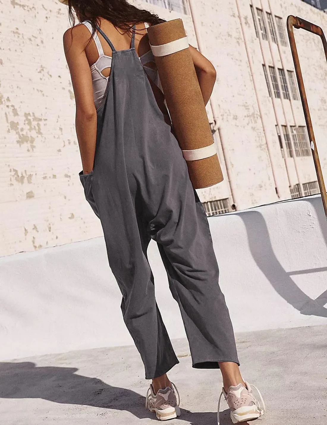 Peaceglad Women's Causal Jumpsuits V Neck Sleeveless Harem Overalls Stretchy Adjustable Strap Romper with Pockets