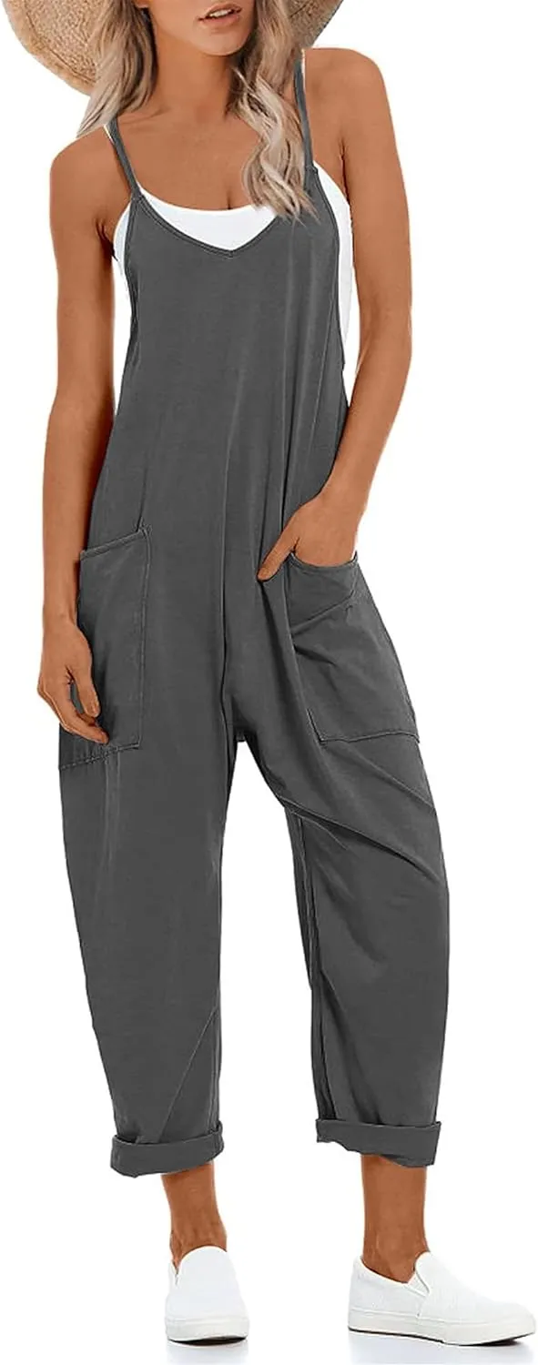 Peaceglad Women's Causal Jumpsuits V Neck Sleeveless Harem Overalls Stretchy Adjustable Strap Romper with Pockets